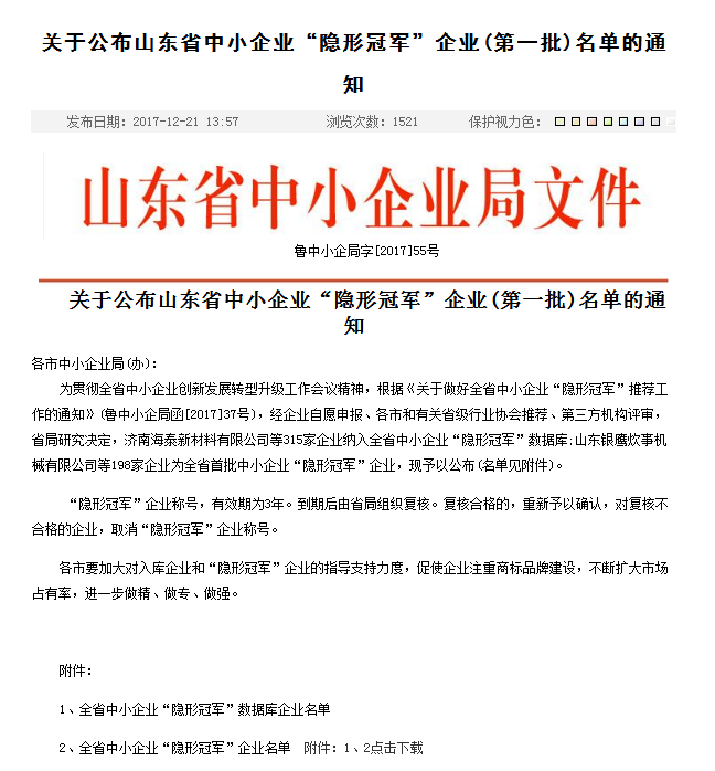 全省中（zhōng）小企业隐形冠军企业名单